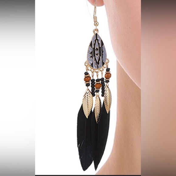 Natural Feather Earrings in Black & Gold Long Drop Bird Feather Aztec Earrings - Picture 3 of 3